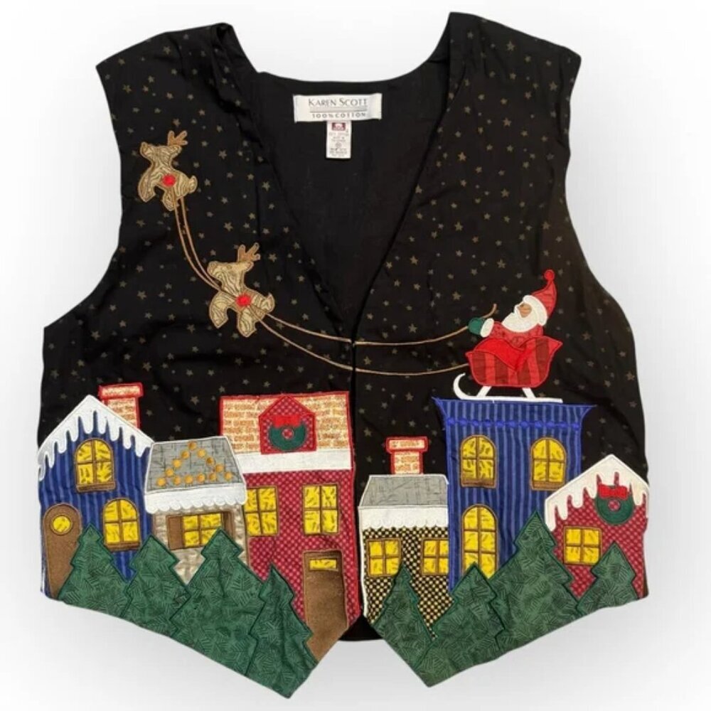 Vintage Karen Scott Holiday Christmas Vest Embroidery Applique Santa Roof 1X
